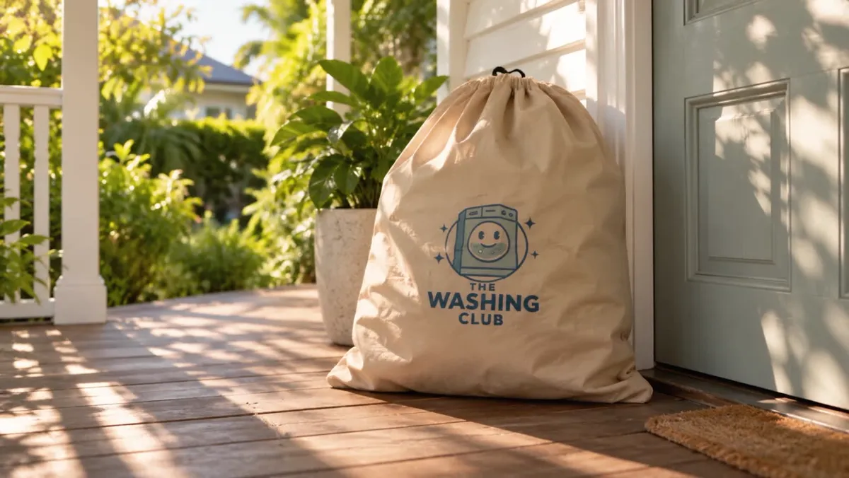 A Washing Club laundry bag left on a front verandah, ready for pickup