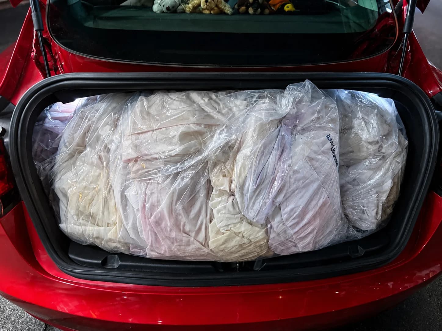 Car boot full of laundry bags for pickup and delivery in Brisbane