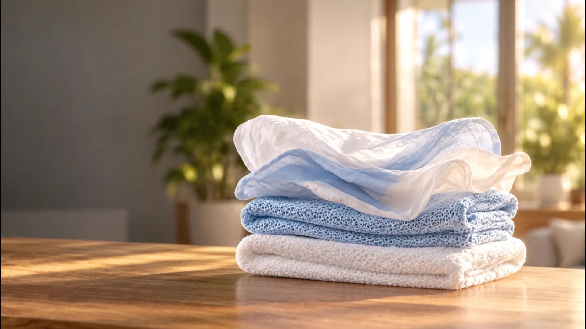 A neat stack of freshly folded white and blue laundry on a timber bench